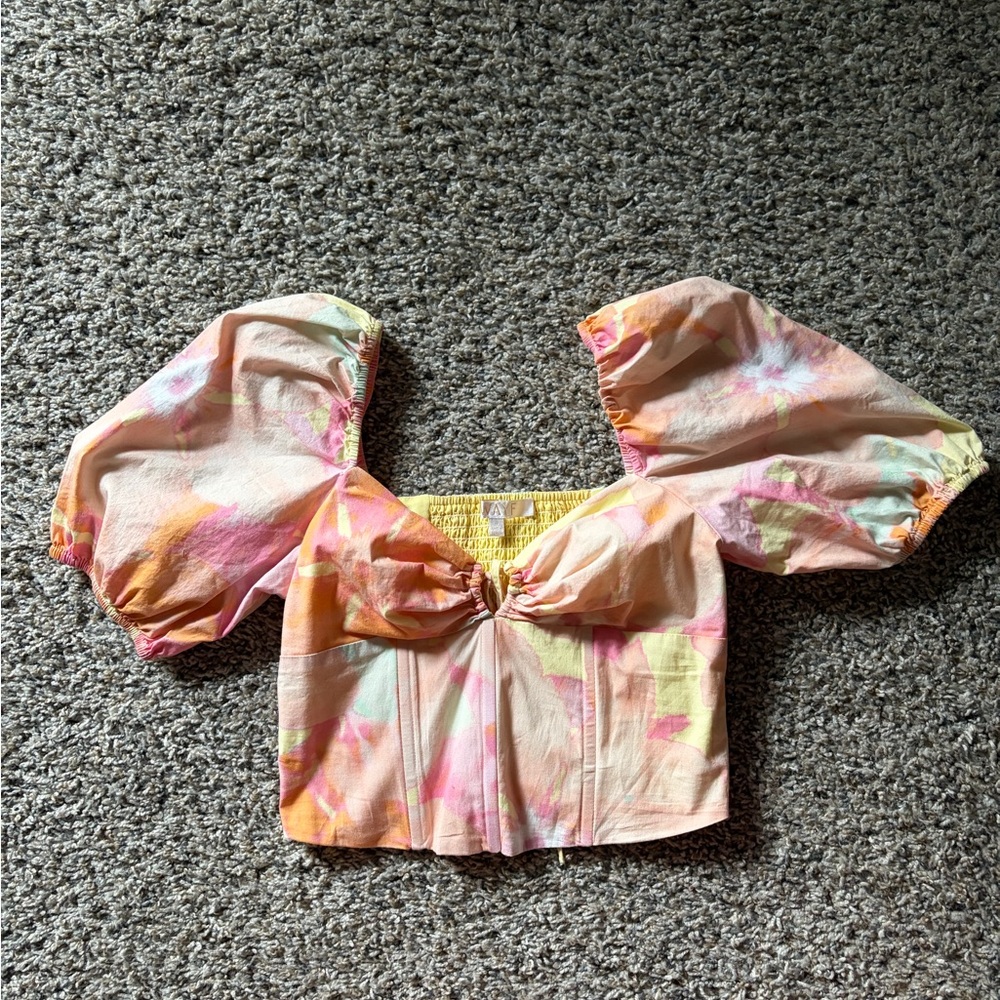 Wayf Pink and Yellow Watercolor Puff-Sleeve Crop Top